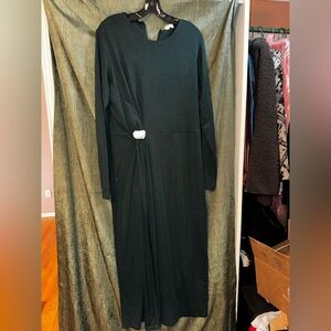 Vince Forest Green Long Sleeve Knot-Detail Midi Dress